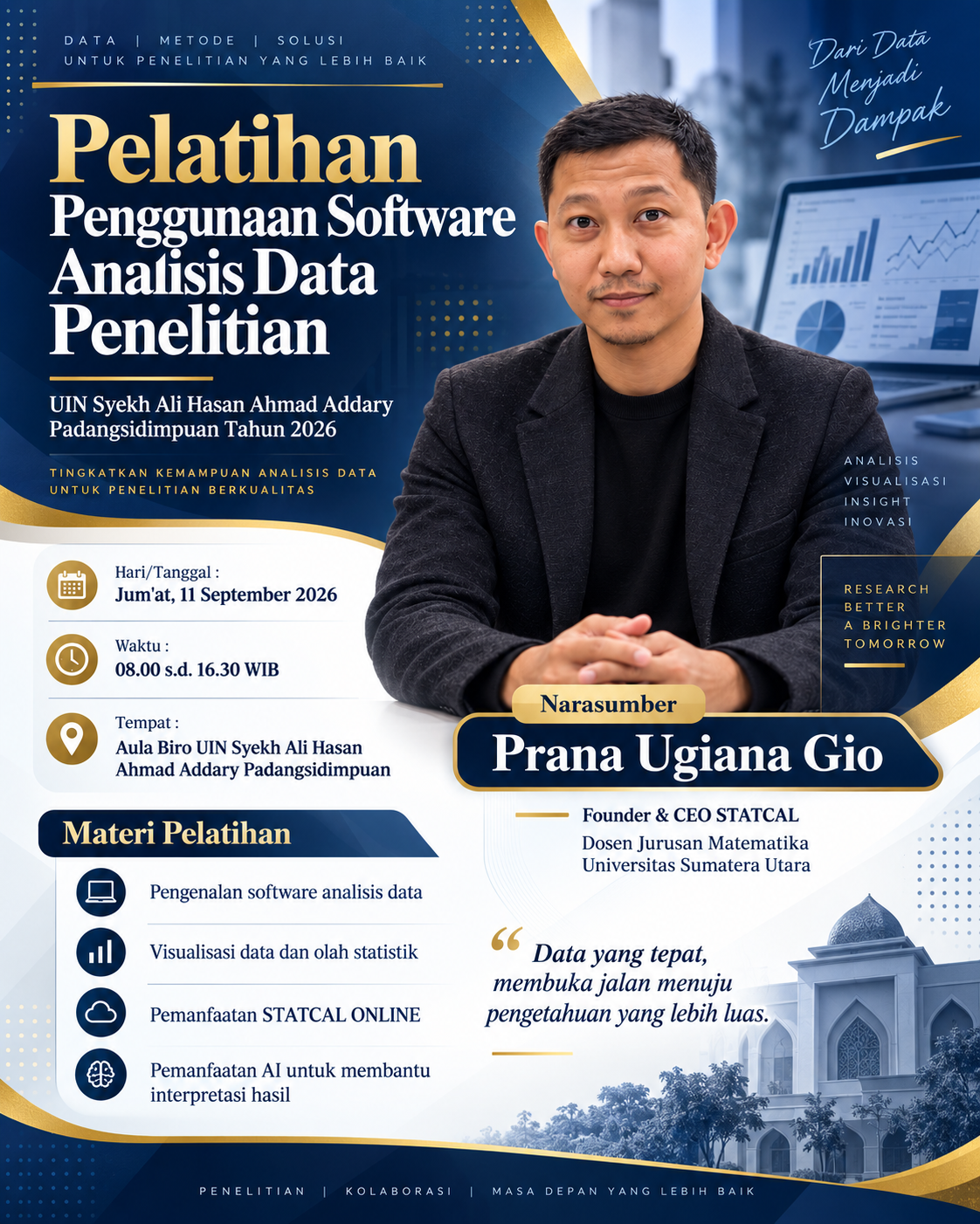 Flyer Pelatihan Penggunaan Software Analisis Data Penelitian UIN Syekh Ali Hasan Ahmad Addary Padangsidimpuan Tahun 2026